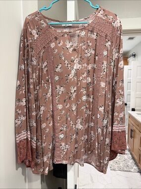 Maurices Dusty Rose Floral Crochet-Trim Long Sleeve Top